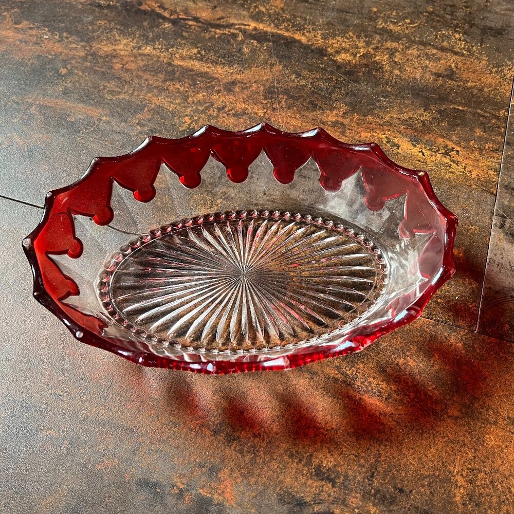 Vintage Decorative Oval Glass Bowl with Ruby Red Trim